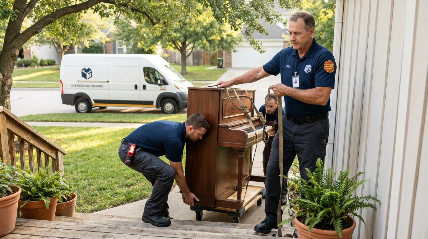 Licensed piano movers securing grand piano in Newport, VT