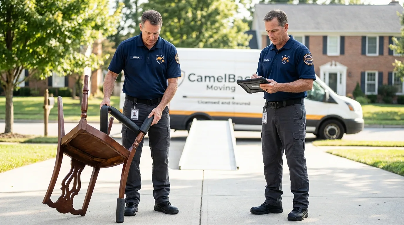 Movers inspecting furniture for damage prevention before loading in Newport, VT