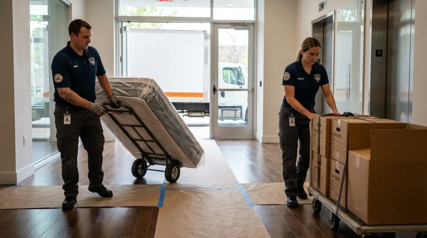 Professional apartment movers loading elevator in Newport, VT
