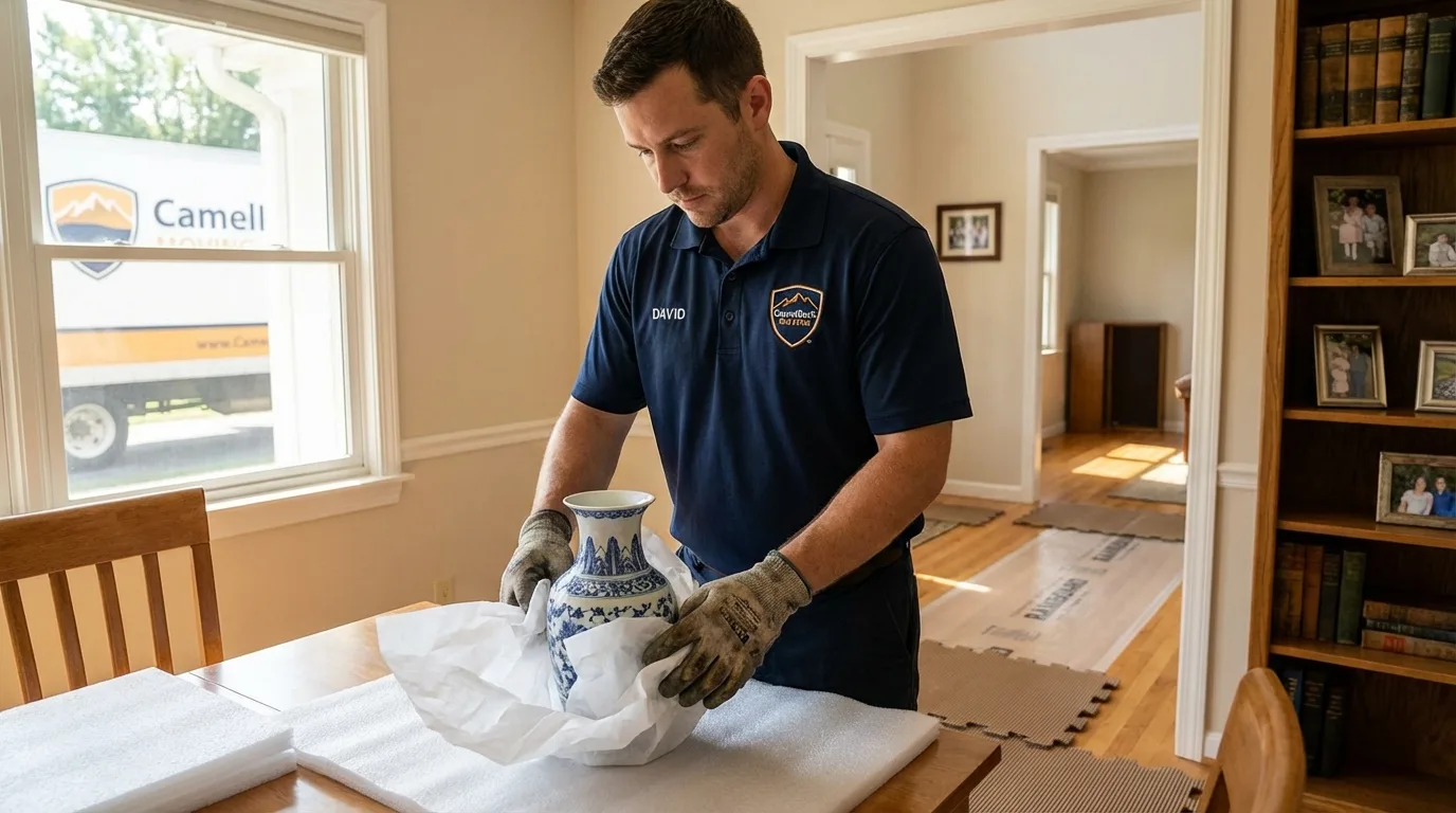 Professional crew carefully wrapping antique vase for senior downsizing move in Newport, VT