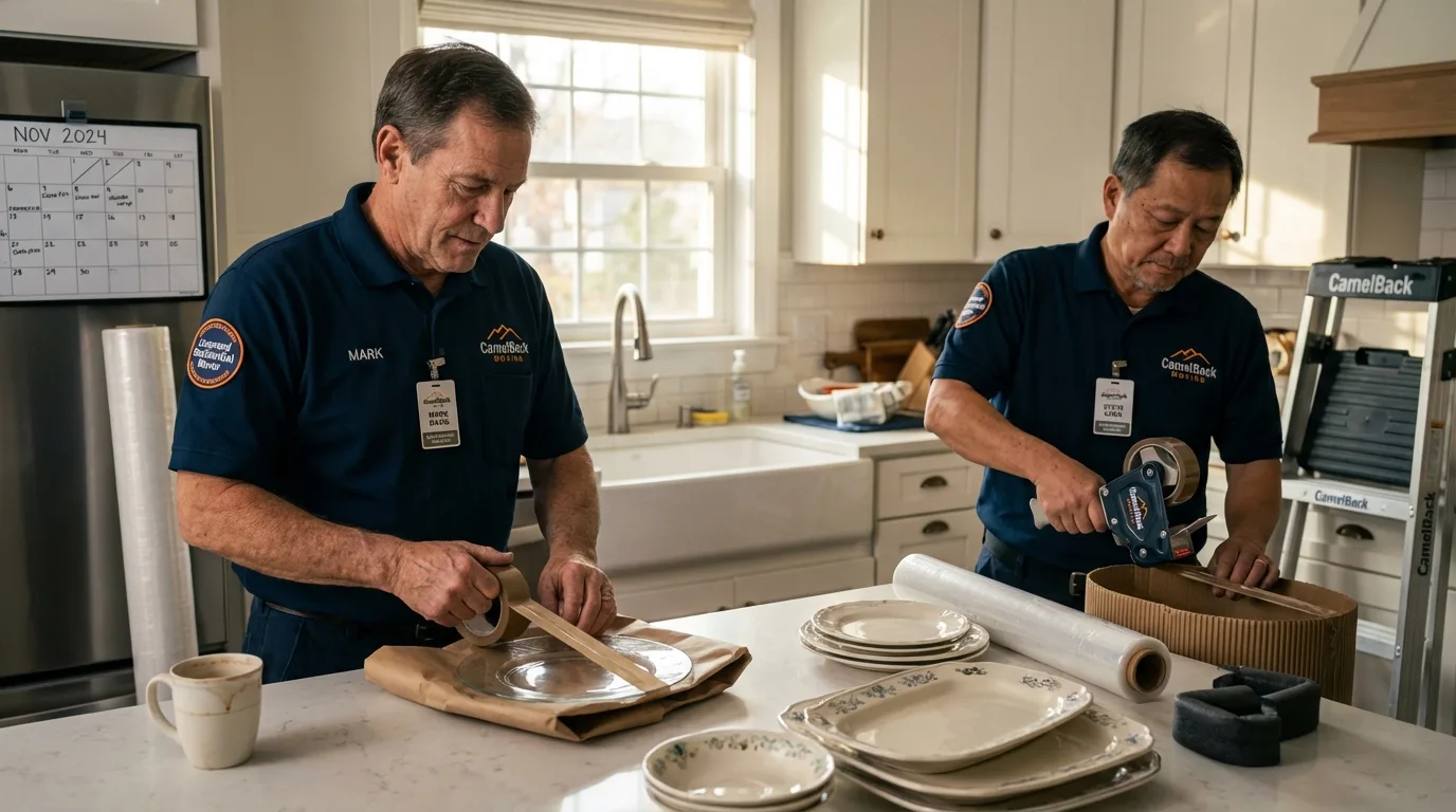 Professional crew packing kitchen dishware in Newport, VT